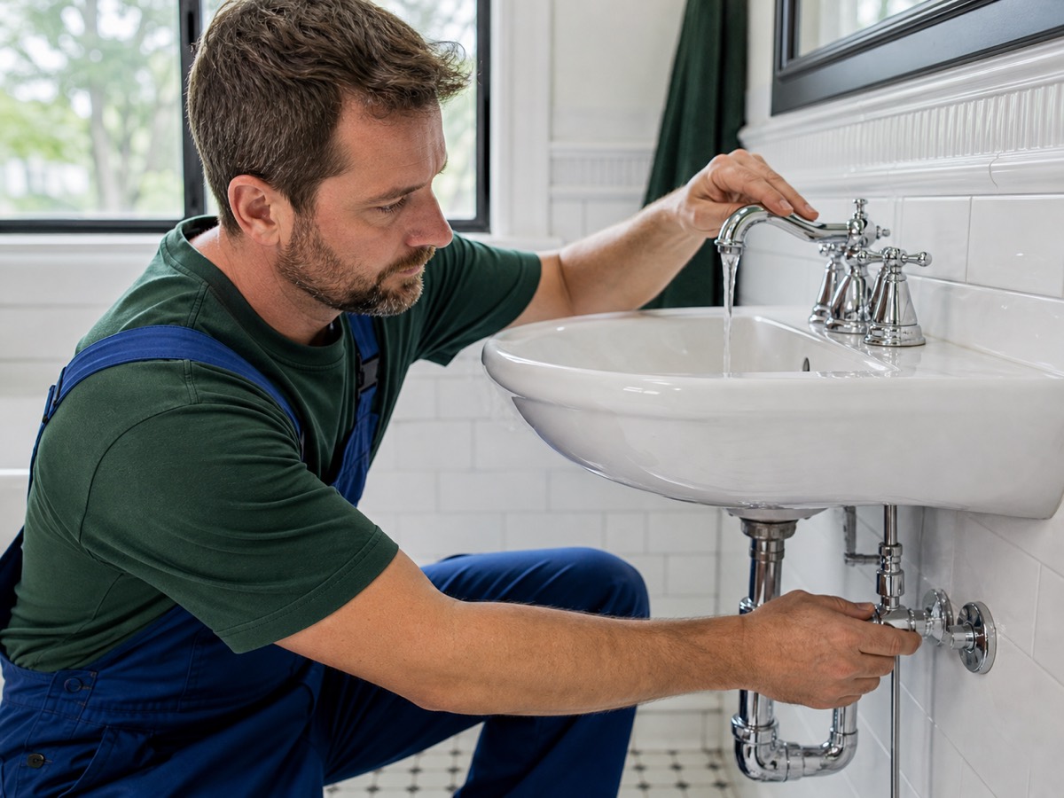 Plumber checking a chrome faucet and sink connection