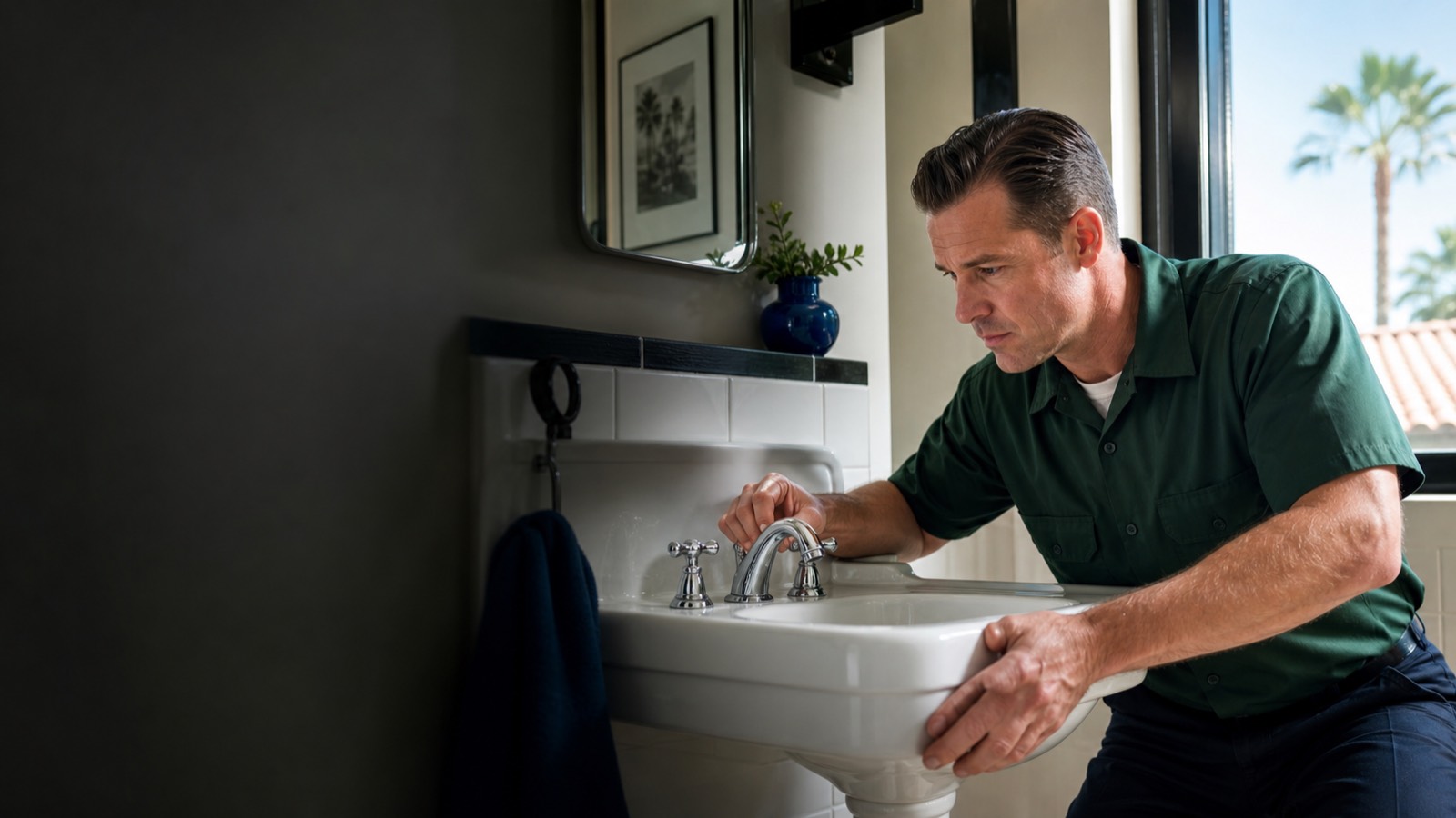 Plumber inspecting a bathroom sink in a Tempe home