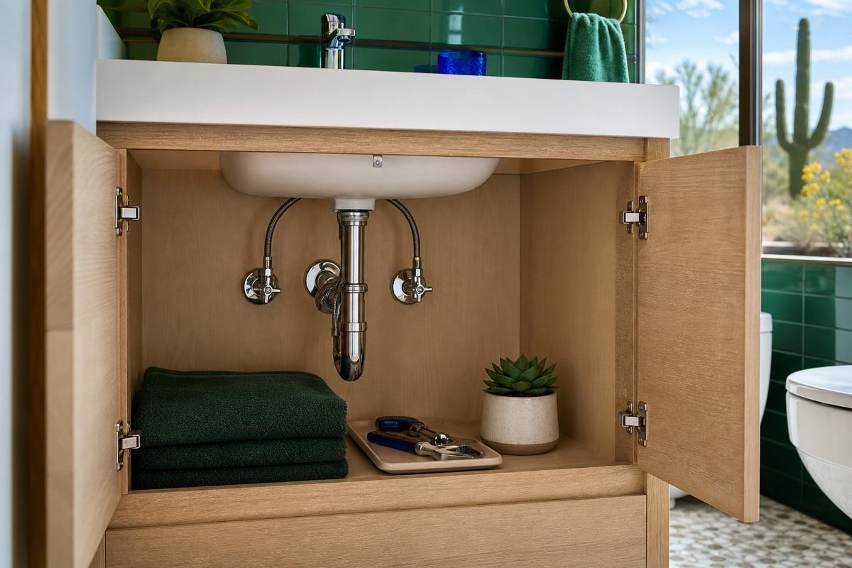Clean under-sink plumbing with accessible shutoff valves and organized tools